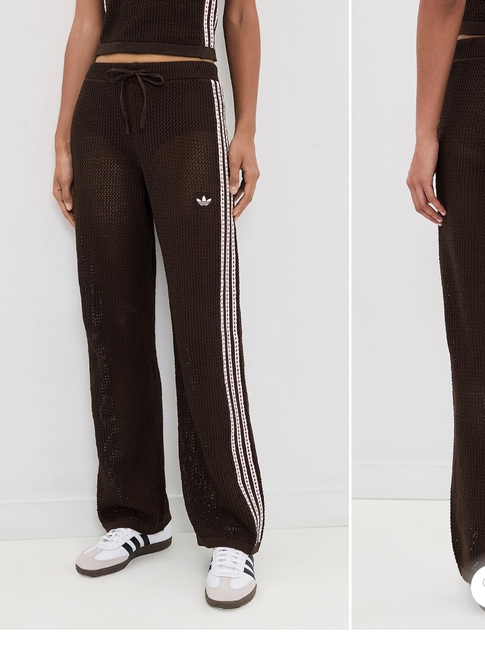 adidas Brown Crochet Track Pants with Light Pink Side Stripes